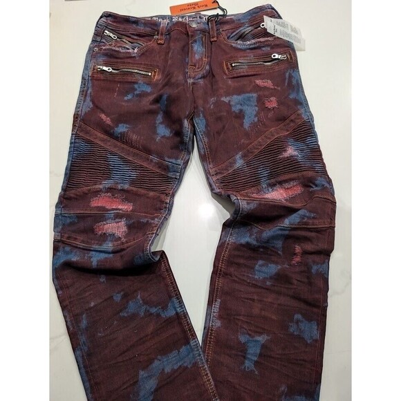 Rock Revival Moto Elroy Biker Distressed Jeans Acid Wash Red Blue Mens Size 38 - Picture 1 of 12